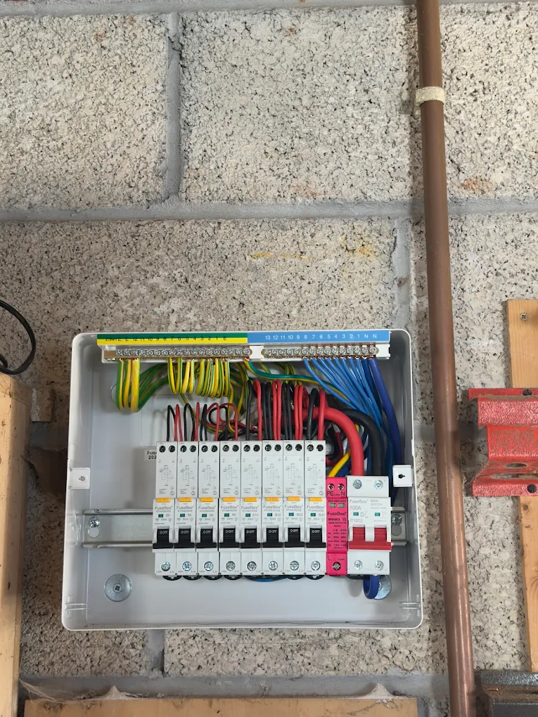 Commercial electrical distribution board with colour-coded wiring, Bristol